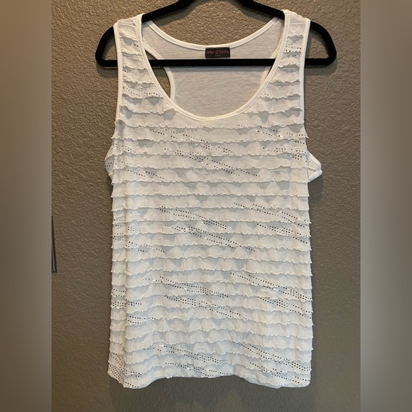 Women’s short sleeve tank top with ruffles on the front and silver embellishment - Picture 1 of 3
